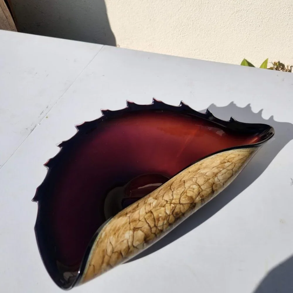 Hand Blown Murano Style Art Glass Folded Bowl Conch Shell Handmade Poland Approx